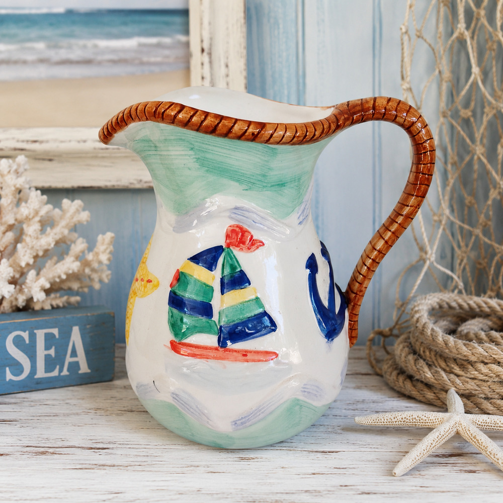 ⛵🌊Home Trends Sailboat Pitcher Jug Anchors Away Nautical Coastal Seaside Decor